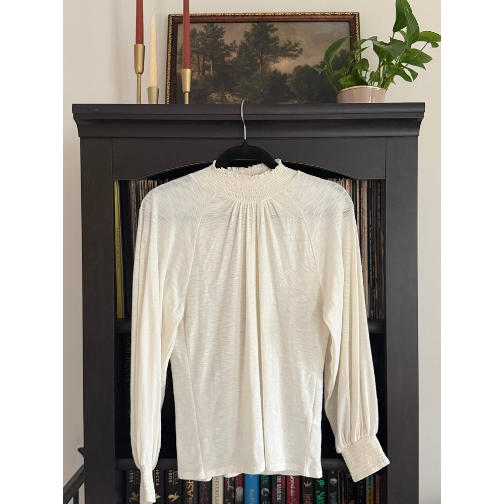 Victorian Boho Chic Nation LTD Smocked Mock Neck Pima Cotton S Cream Slub Knit